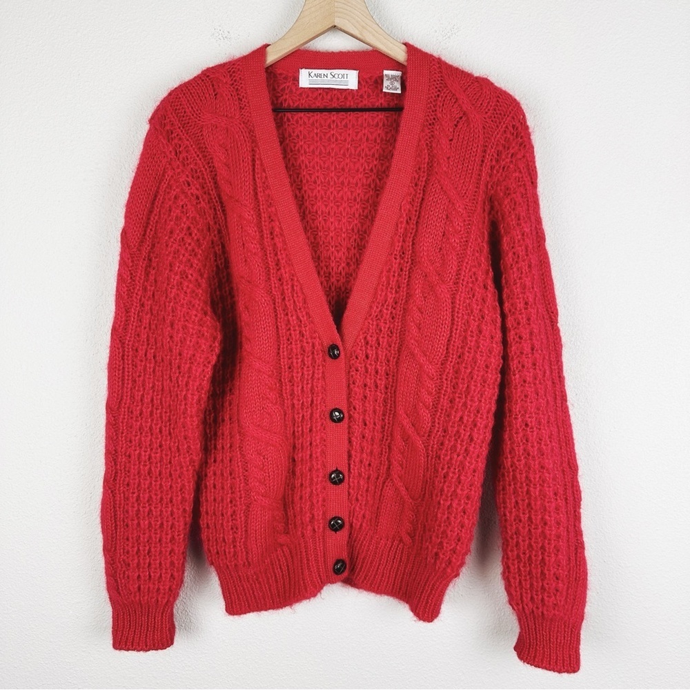 Vintage Oversize Cable Knit V-Neck Cardigan Sweater Mohair Wool